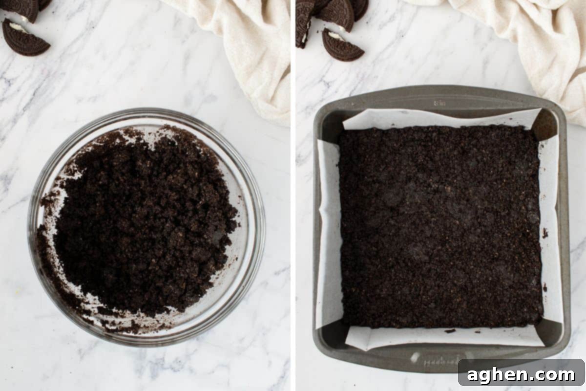 Two images show Oreo crust preparation. A chocolate oreo crumb mixture in a bowl, then pressed into a parchment-lined square pan.