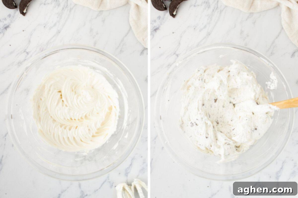 Two images show cheesecake filling preparation. Whipped cream cheese in a bowl, then mixed with cool whip and crushed Oreos folded in.
