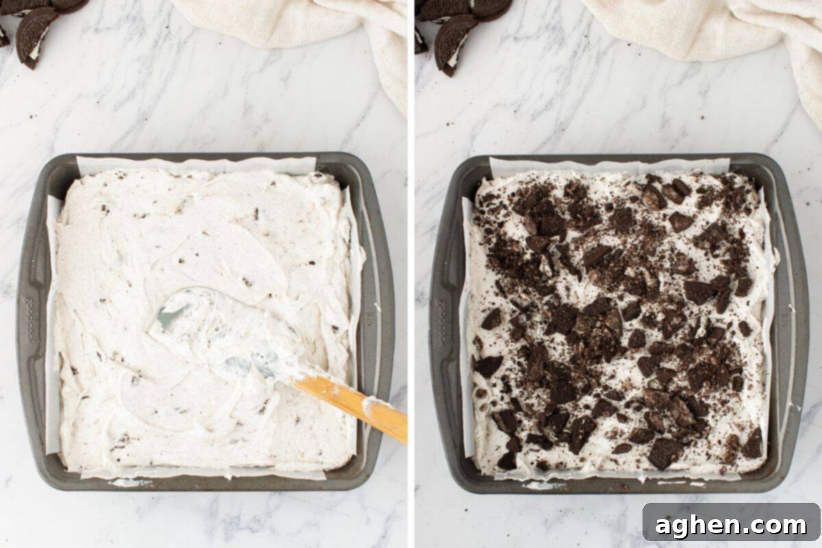 Two images show the final cheesecake assembly. The filling is spread evenly over the crust, then topped with crushed Oreos in the pan.
