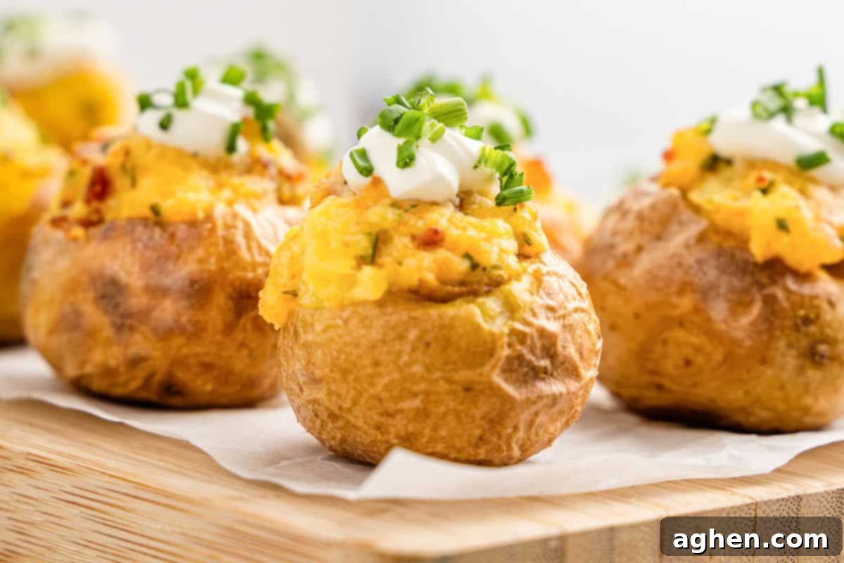 A wooden board filled with perfectly baked mini loaded potatoes, generously topped with sour cream, crispy bacon bits, melted cheddar cheese, and fresh chives, creating an inviting spread.
