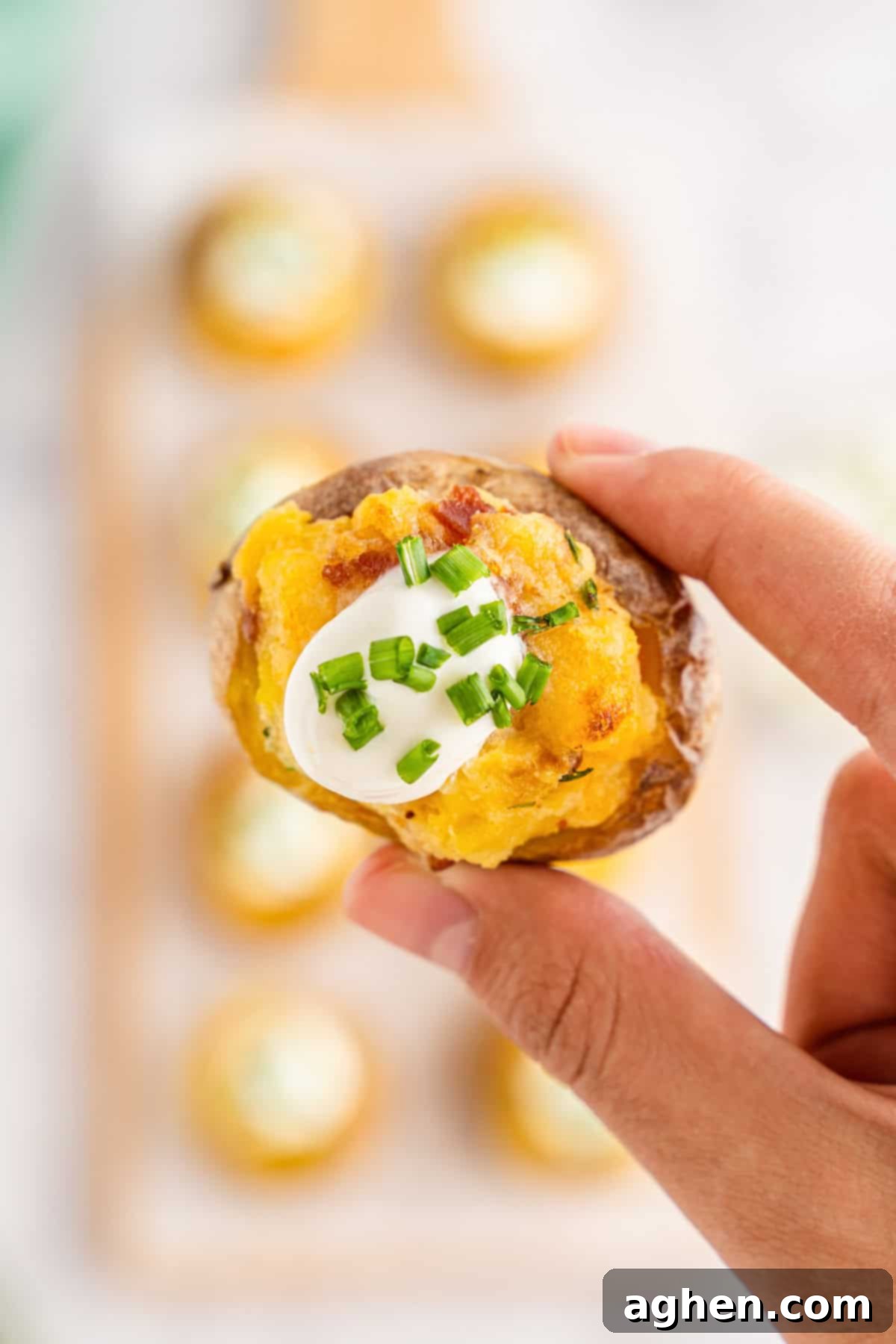 A close-up of a hand holding a golden-brown, twice-baked mini potato, generously filled with creamy mashed potato, crispy bacon bits, and melted cheddar cheese, finished with a dollop of sour cream and chopped chives.