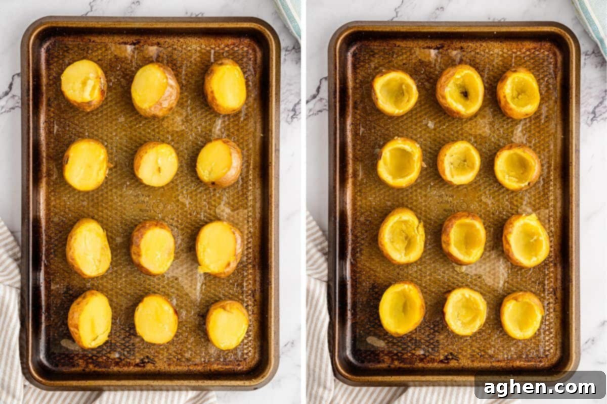 Side-by-side images illustrating the process of preparing roasted mini potatoes for stuffing: first with their tops neatly sliced off, and then precisely scooped out to create perfect hollow shells for the creamy filling.