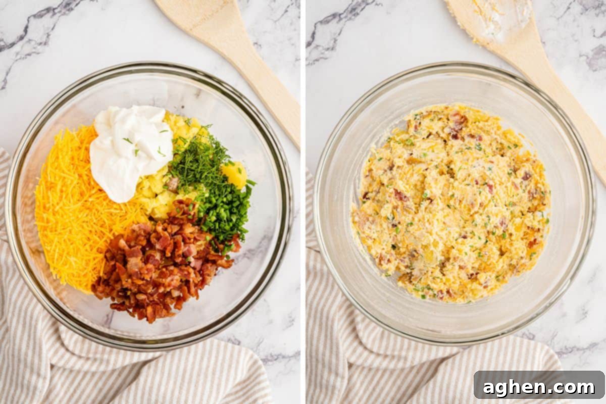 Side-by-side images showcasing the filling preparation: on the left, a mixing bowl holds mashed potato, bacon, cheddar, sour cream, chives, and dill before mixing; on the right, the fully combined and creamy loaded potato filling.