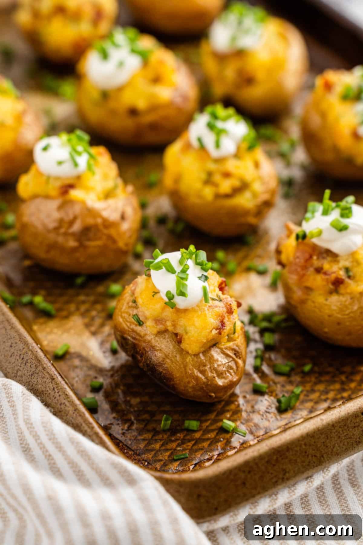 A close-up shot of mini loaded potatoes on a baking sheet, showcasing their perfectly golden skins, generously creamy mashed potato filling, and a fresh garnish of sour cream and chopped chives, ready to be enjoyed.