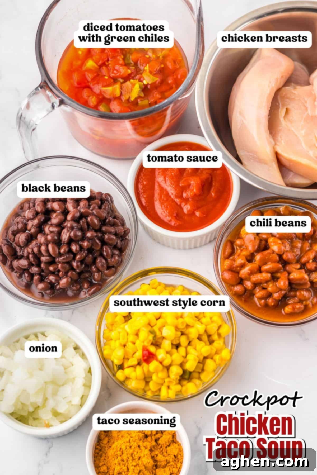 An overhead view of labeled ingredients for a crockpot chicken taco soup recipe, including: diced tomatoes with green chiles, chicken breasts, tomato sauce, black beans, chili beans, southwest-style corn, diced onions, and taco seasoning.