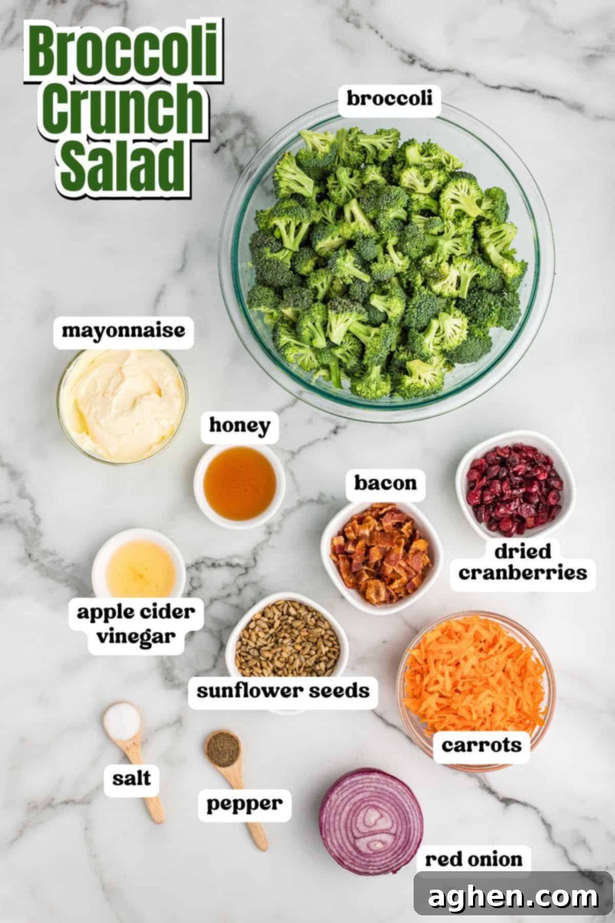 Super Crunchy Broccoli Delight 3 Ingredients for broccoli crunch salad on a marble surface, including broccoli florets, mayonnaise, honey, apple cider vinegar, sunflower seeds, bacon bits, dried cranberries, shredded carrots, chopped red onion, salt, and pepper.