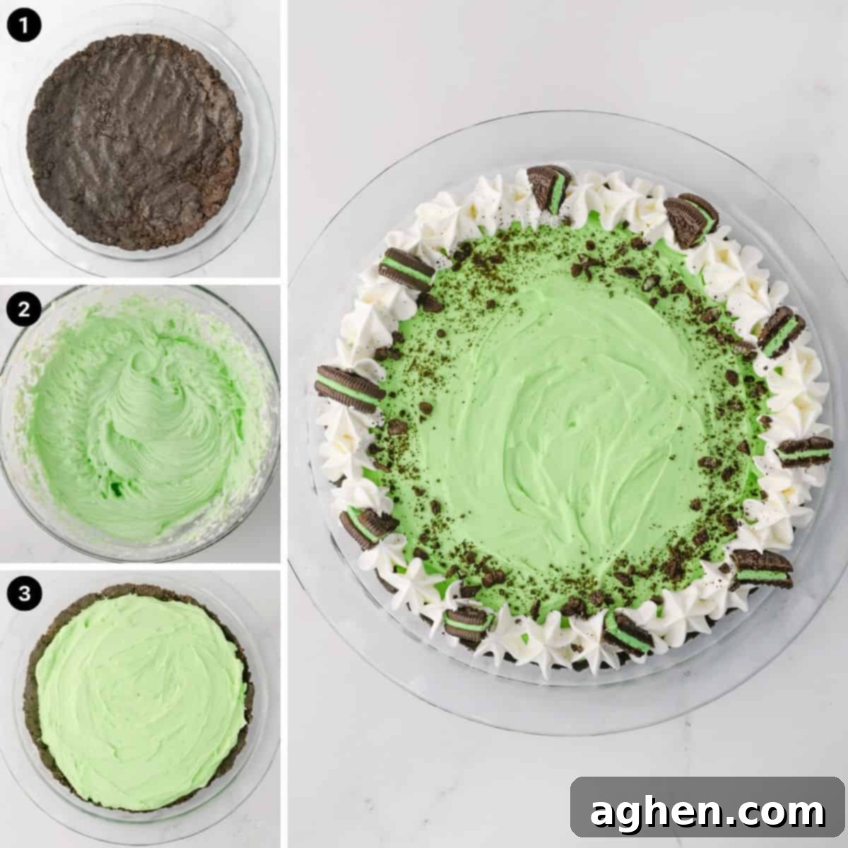 A four-panel collage illustrating the step-by-step process of making a No-Bake Grasshopper Pie. Panel 1 shows finely crushed chocolate cookie crumbs. Panel 2 displays the light green, whipped mint filling in a bowl. Panel 3 shows the mint filling being evenly spread into the prepared chocolate cookie crust. Panel 4 presents the finished pie, beautifully decorated with whipped cream, crushed cookies, and mint Oreo halves.