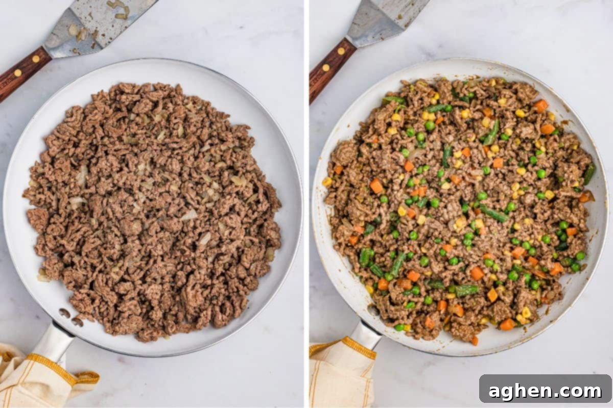 No-Fuss Cottage Pie 5 A two-step cooking process showing a large skillet with browned ground beef and sautéed onions on the left, and the same mixture with peas, carrots, corn, and green beans mixed in on the right.