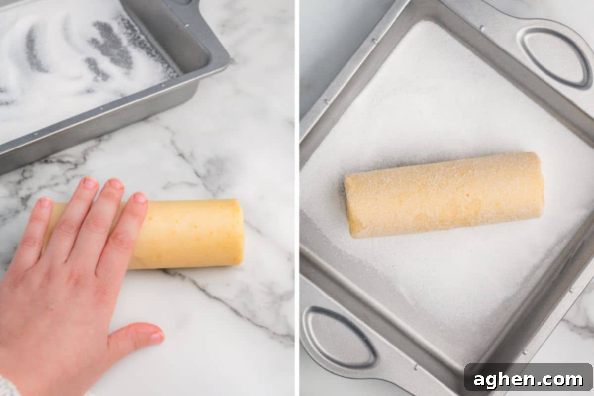 A 2-image collage: The left image shows a hand rolling the dough into a log, the right shows the log rolled in sugar in a metal pan. 