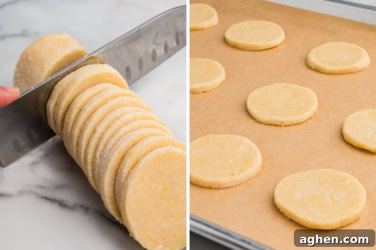 A 2-image collage of slicing the dough into rounds and arranging them on a lined cookie sheet.