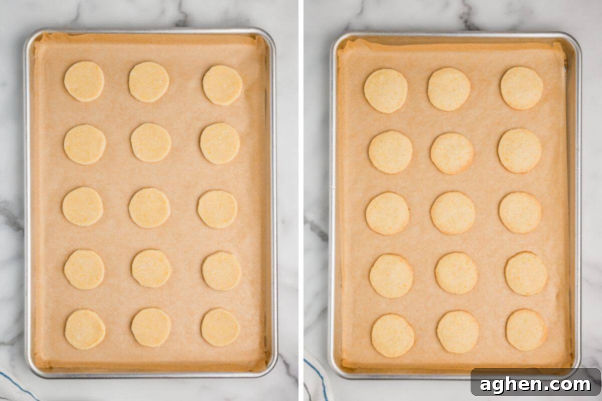 A two-image collage: The left image shows raw lemon shortbread dough slices on a parchment-lined baking sheet. The right image shows the same cookies baked to a golden color with crisp edges.