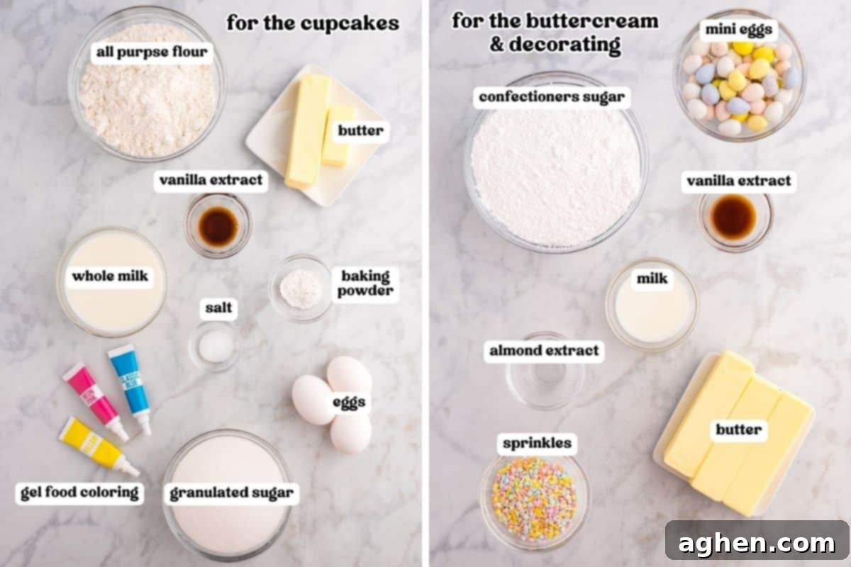 Ingredients for cupcakes and frosting, divided into two sections. The left side shows labeled ingredients for cupcakes, including flour, sugar, eggs, butter, milk, baking powder, vanilla extract, salt, and blue, yellow, pink gel food coloring. The right side displays frosting ingredients: confectioners' sugar, butter, milk, vanilla extract, almond extract, sprinkles, and mini chocolate eggs.