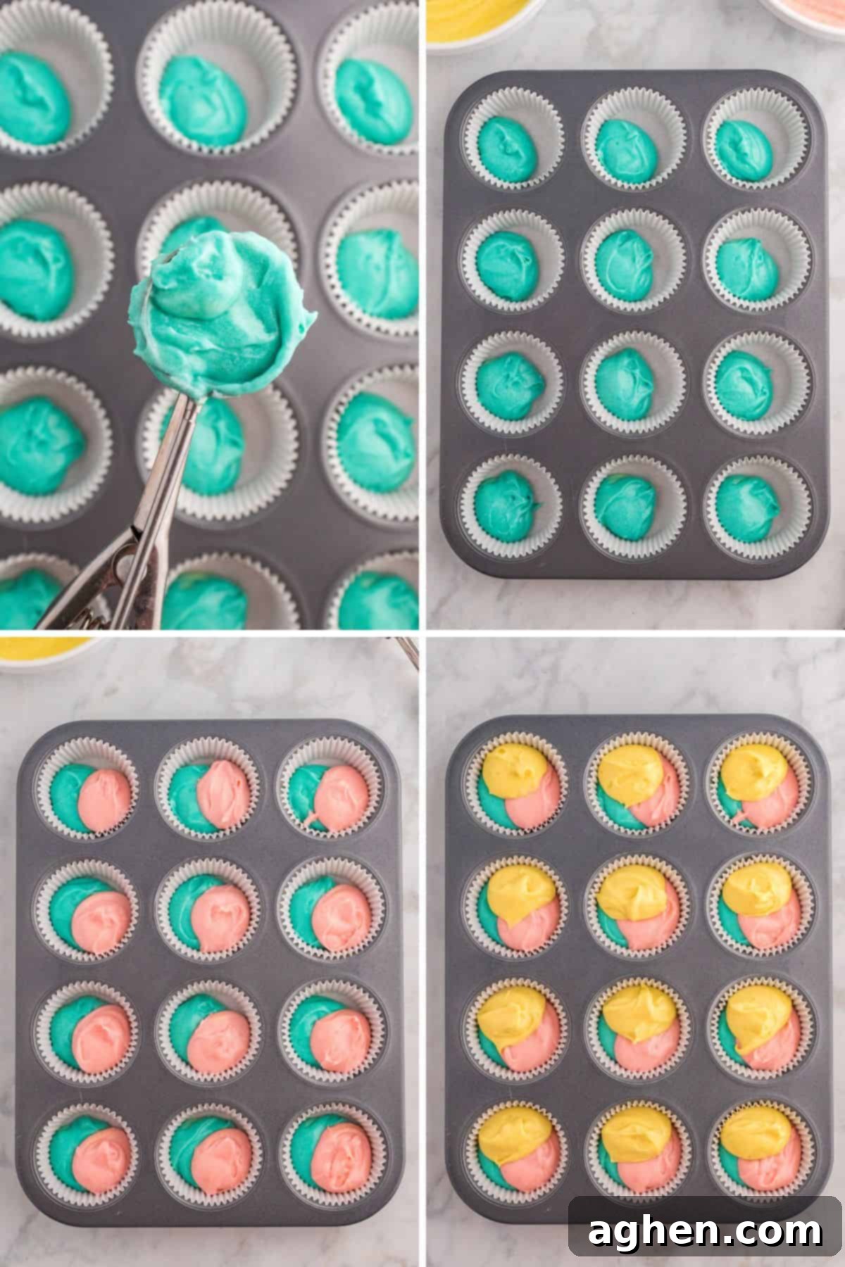 Four images showing the process of filling cupcake liners in a muffin pan with colorful batter. The first shows a cookie scoop filled with bright blue batter. The second shows the blue batter in the bottom of the cupcake liners. The third shows pink batter being added alongside the blue. The final image features yellow batter completing the tri-color swirl effect.