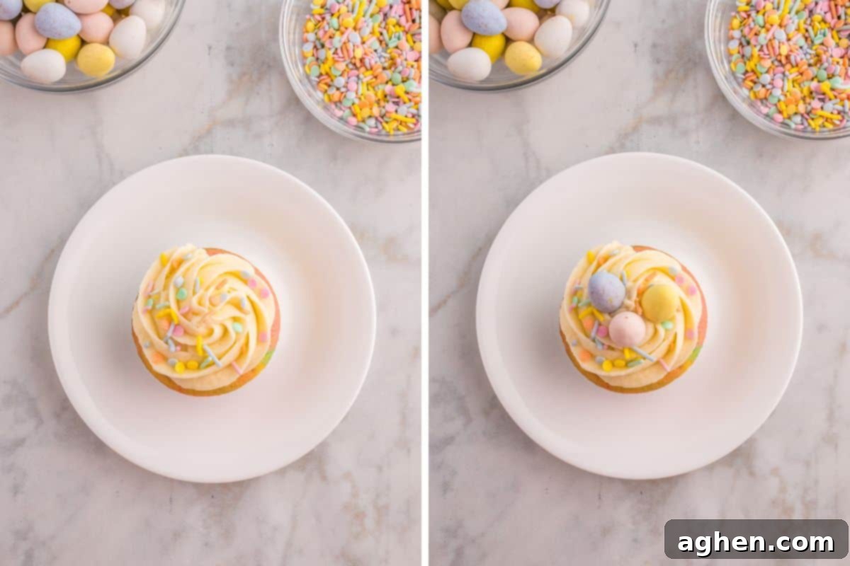 A pastel swirl cupcake decorated with sprinkles and mini eggs.