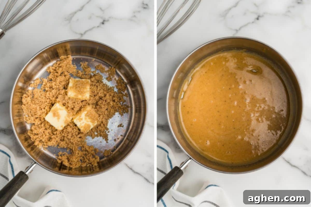 A side-by-side view of a saucepan with butter and brown sugar before and after melting into a smooth, rich, golden-brown glaze.