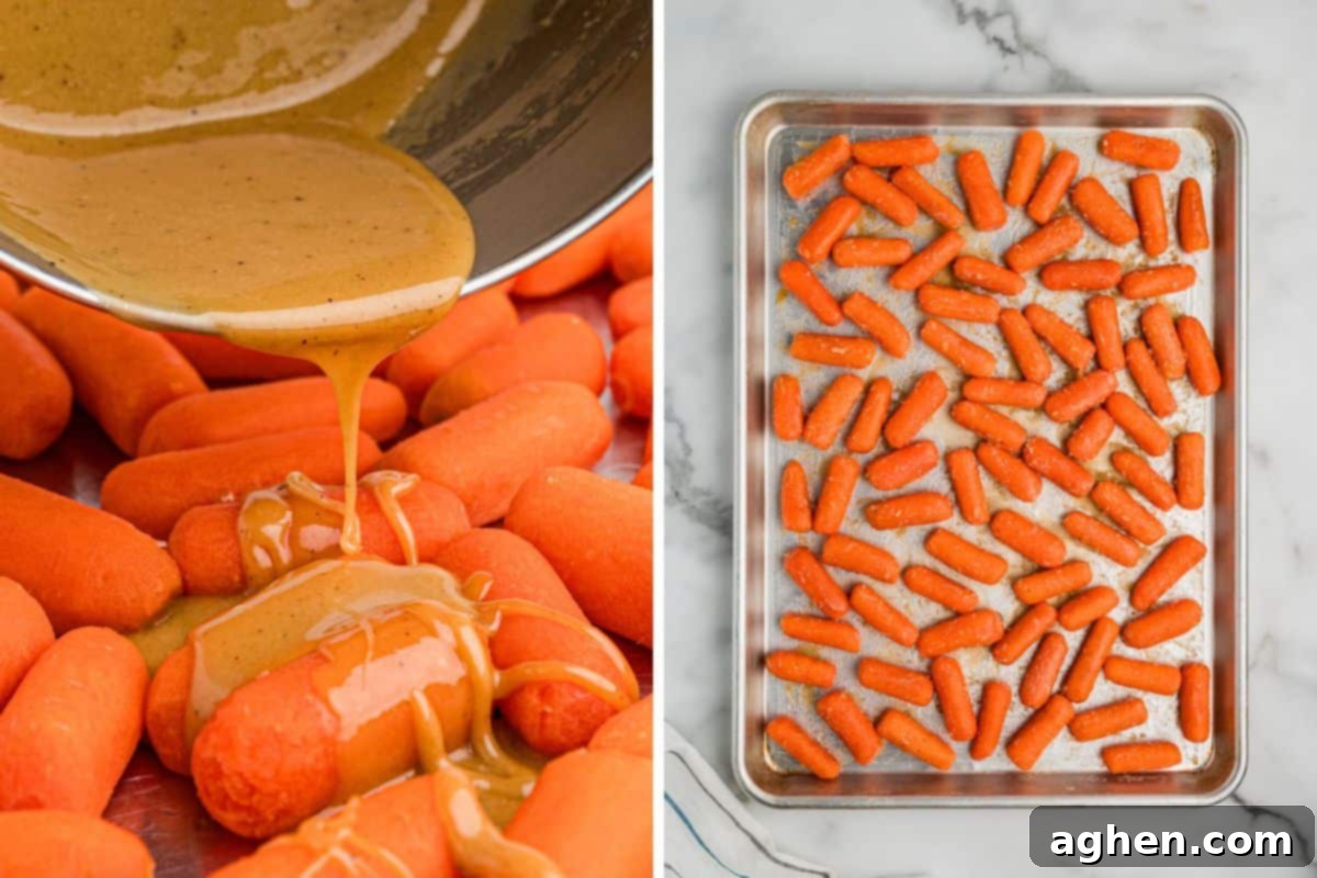 On the left, a thick golden-brown glaze made of brown sugar, butter, and honey is being poured from a metal bowl onto a pile of baby carrots. The glaze is smooth and glossy. On the right, a baking sheet lined with baby carrots, evenly spread out and coated with the glaze.