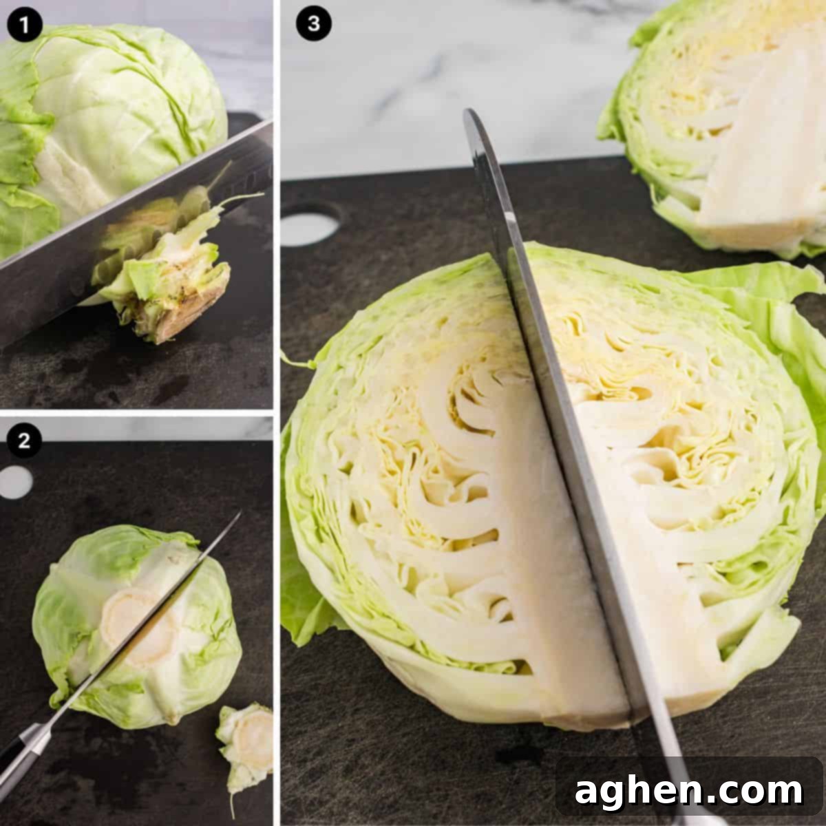 Golden Roasted Cabbage Wedges 5 Three-step photo collage demonstrating how to slice cabbage into wedges: removing the rough stem, cutting the cabbage in half through the stem, then slicing in half again.