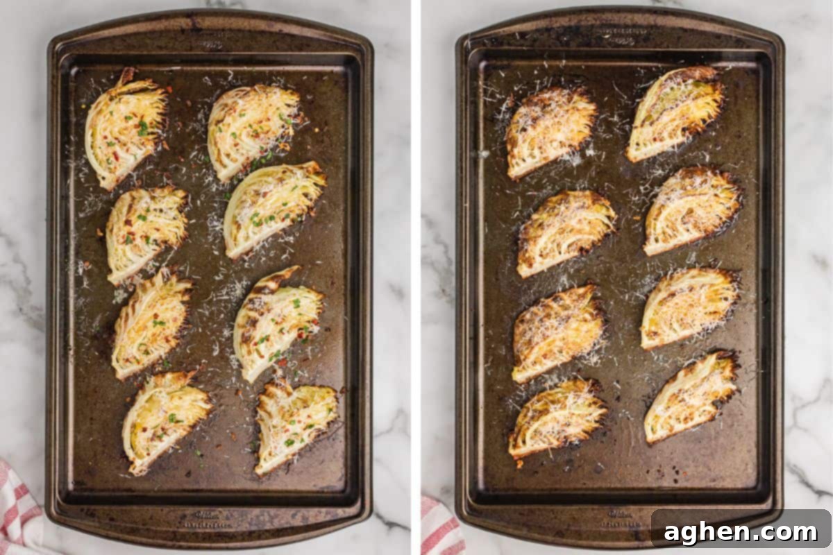 Golden Roasted Cabbage Wedges 7 Side-by-side images of cabbage wedges on a baking sheet after roasting and being topped with parmesan cheese, and after returning to the oven for the cheese to melt and edges turn golden-brown.