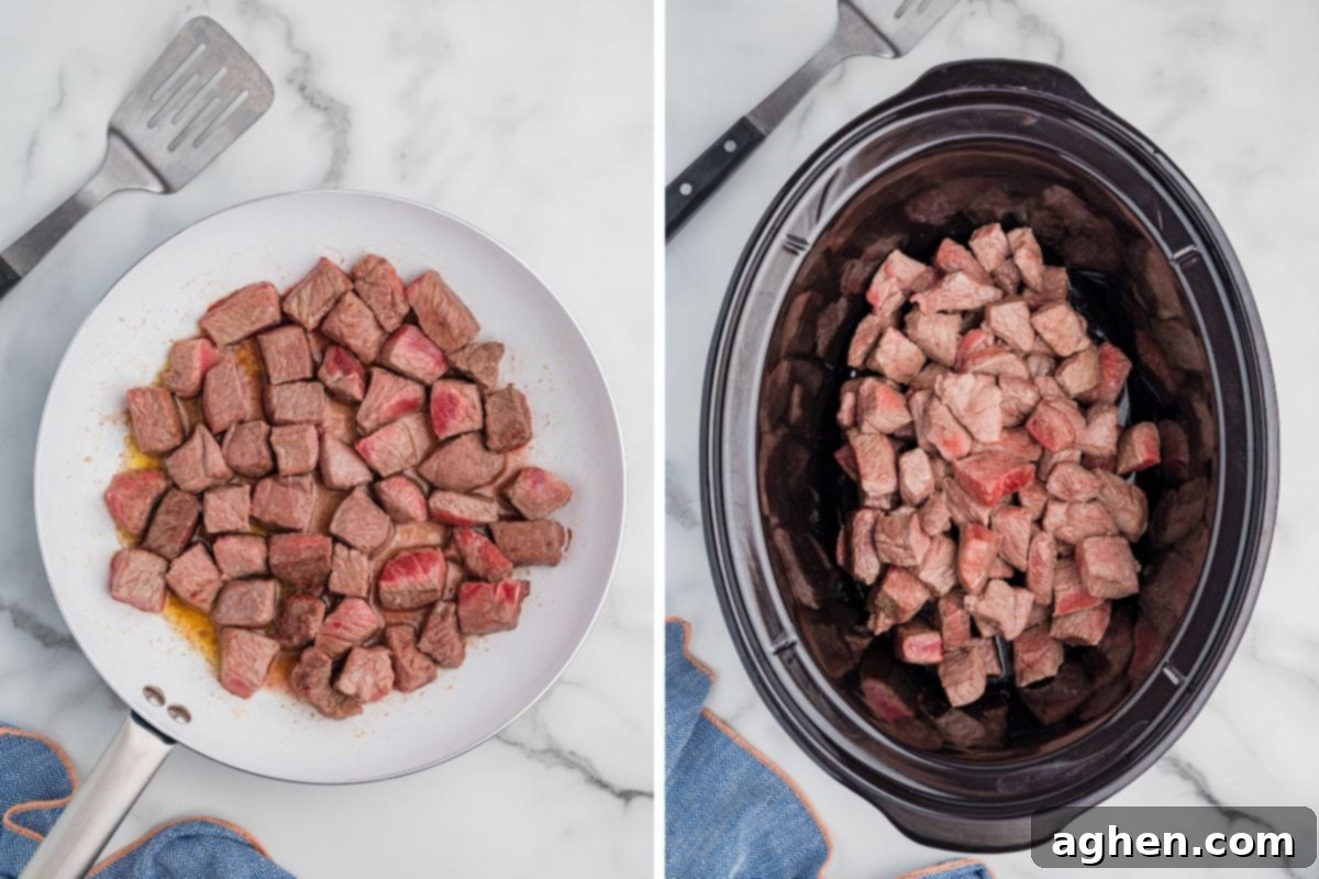 Split image of seared steak in a pan and in a crockpot.