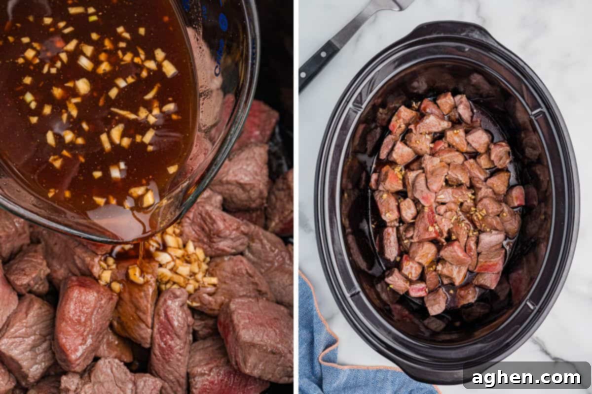 Side-by-side image: the left shows a measuring cup pouring the honey bourbon sauce with minced garlic onto browned steak. The right shows the steak inside a slow cooker with the sauce and garlic settled over it.