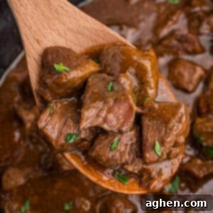 A wooden spoon lifting honey bourbon steak tips garnished with parsley from a slow cooker filled with more steak bites.