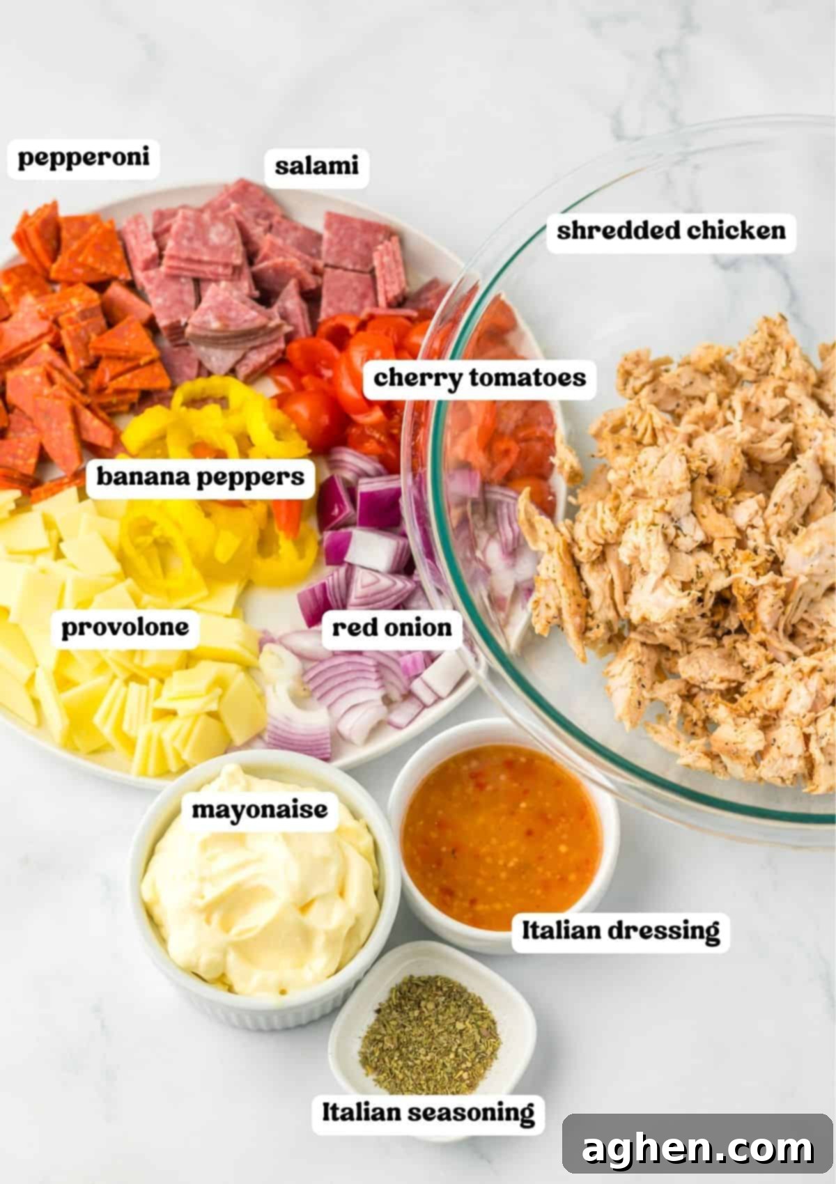 A labeled image displaying the ingredients for the recipe: pepperoni, salami, shredded chicken, cherry tomatoes, banana peppers, provolone cheese, red onion, mayonnaise, Italian dressing, and Italian seasoning.