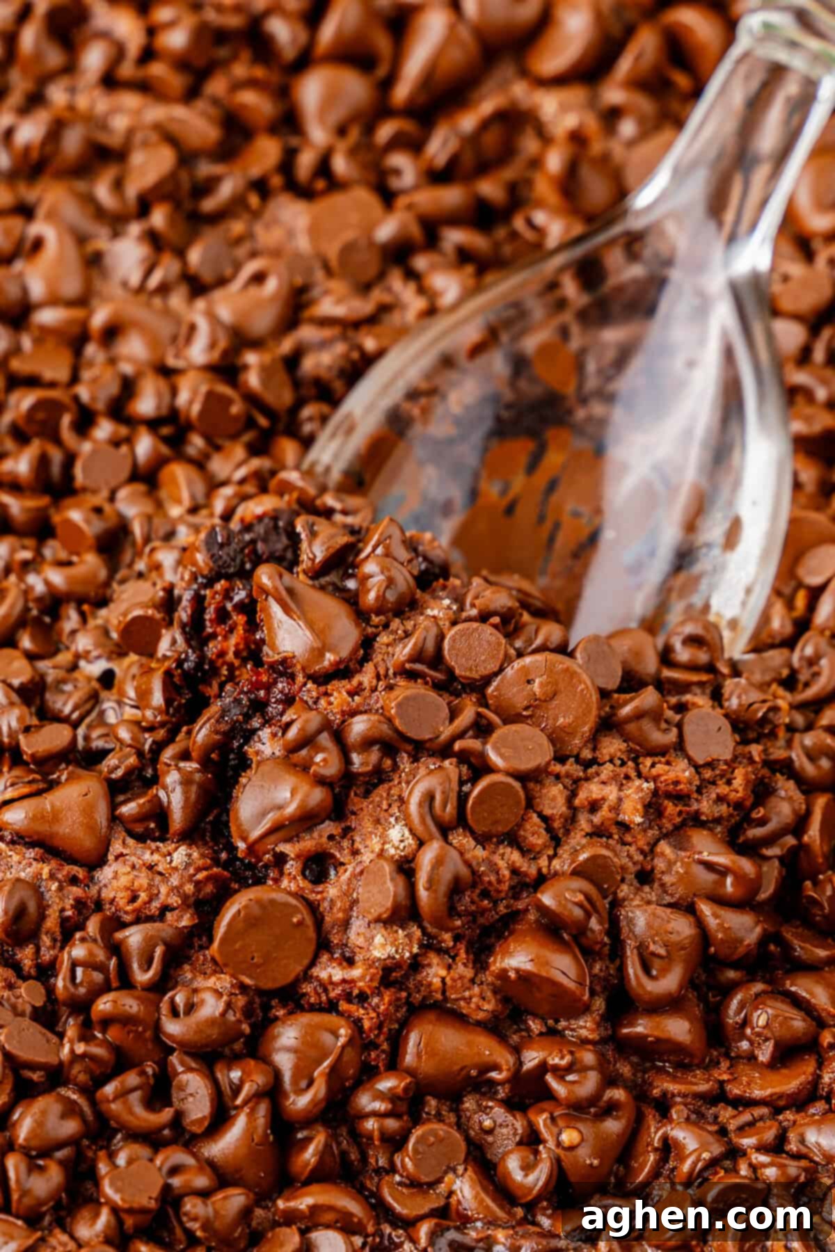 Effortless Chocolate Indulgence 3 A close-up view of a spoon scooping into freshly baked chocolate dump cake. The surface is densely covered with melted semi-sweet chocolate chips, and the cake appears soft and gooey underneath.