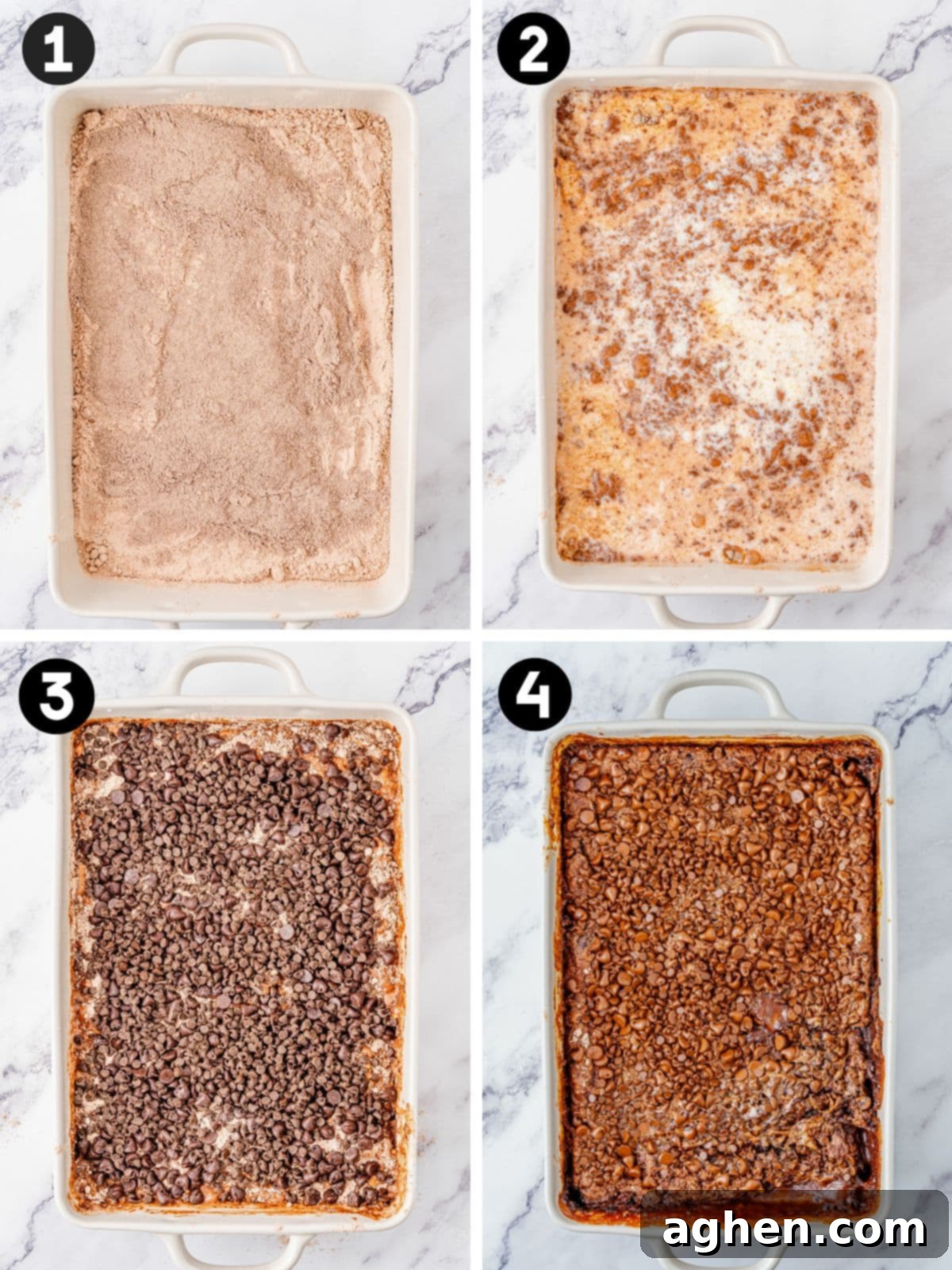 Effortless Chocolate Indulgence 5 Four-step collage showing the process of making chocolate dump cake.