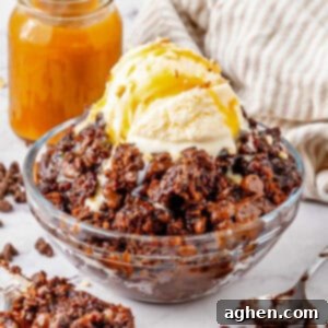 Effortless Chocolate Indulgence 8 Bowl of chocolate dump cake with chocolate chips, chocolate syrup, and scoop of vanilla ice cream.