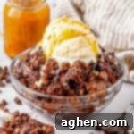 Effortless Chocolate Indulgence 9 Bowl of chocolate dump cake with chocolate chips, chocolate syrup, and scoop of vanilla ice cream.