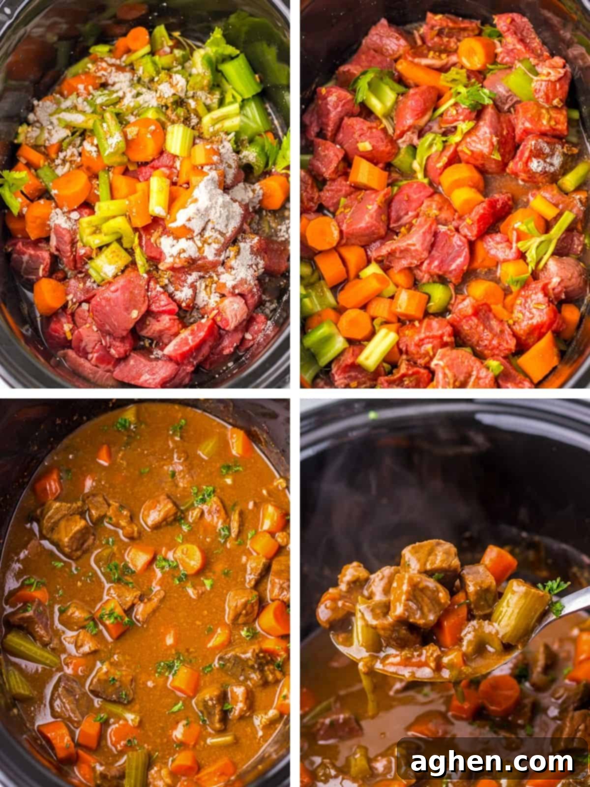 Collage of four images showing stages of crockpot pot roast preparation: raw stew beef, carrots, celery, and dry mixes in the slow cooker; ingredients stirred together; pot roast fully cooked in thick gravy; and a close-up of a spoon lifting a serving with beef, carrots, and celery.