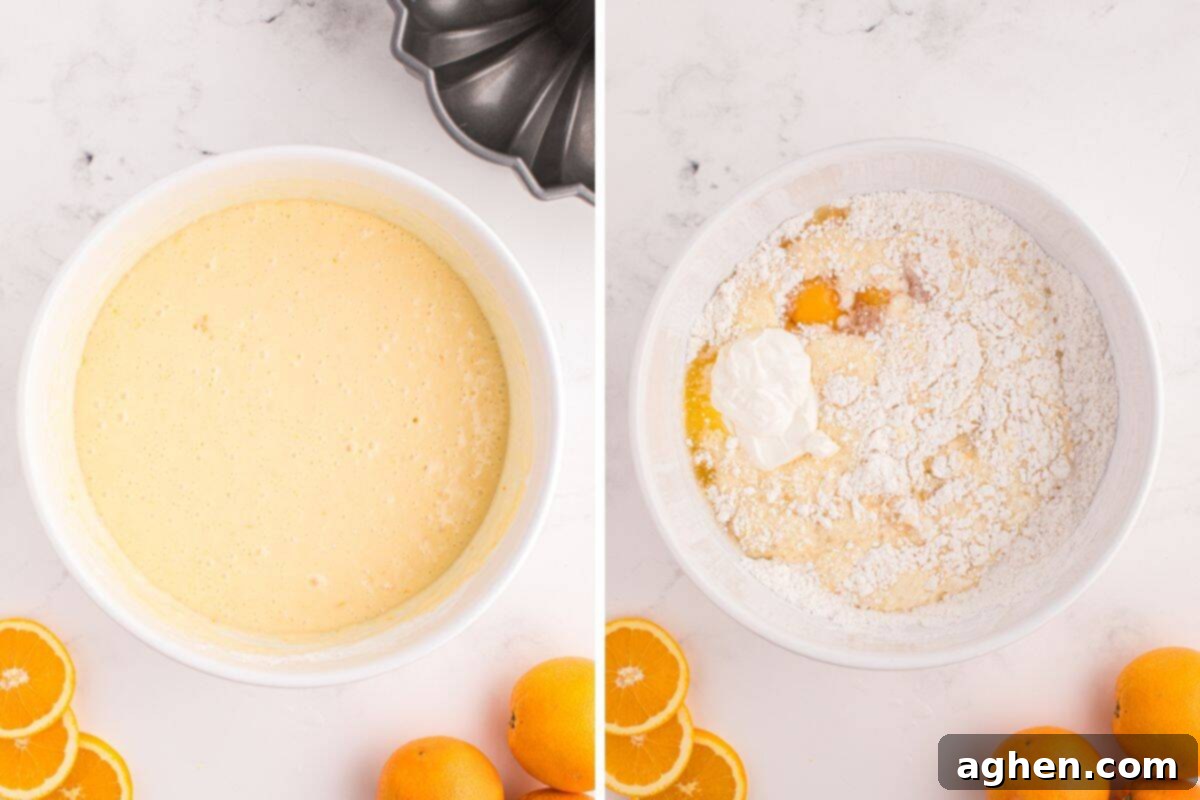 Side-by-side images showing a bowl of mixed batter and one of ingredients before mixing.