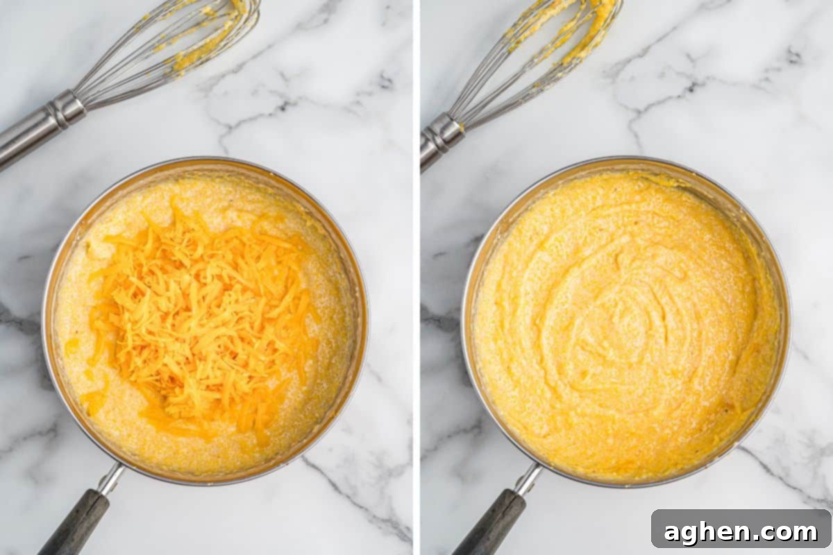 Side-by-side images showing cheesy grits in a saucepan before and after mixing.