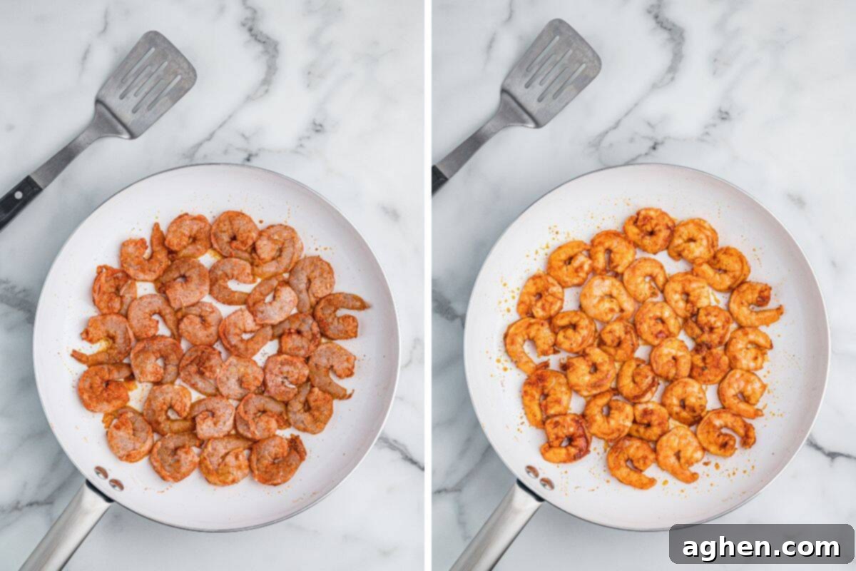 Two images of shrimp in a white skillet. The left image shows raw, seasoned shrimp arranged in a single layer. The right image shows the shrimp fully cooked with a golden-orange color. 