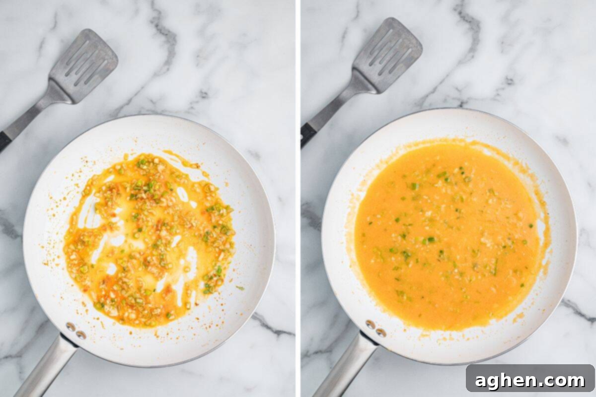 A pair of images showing a white skillet during the process of making sauce. The left image shows garlic and chopped scallions sautéing in orange-colored liquid, and the right image shows the mixture thickened into a more uniform orange sauce. 