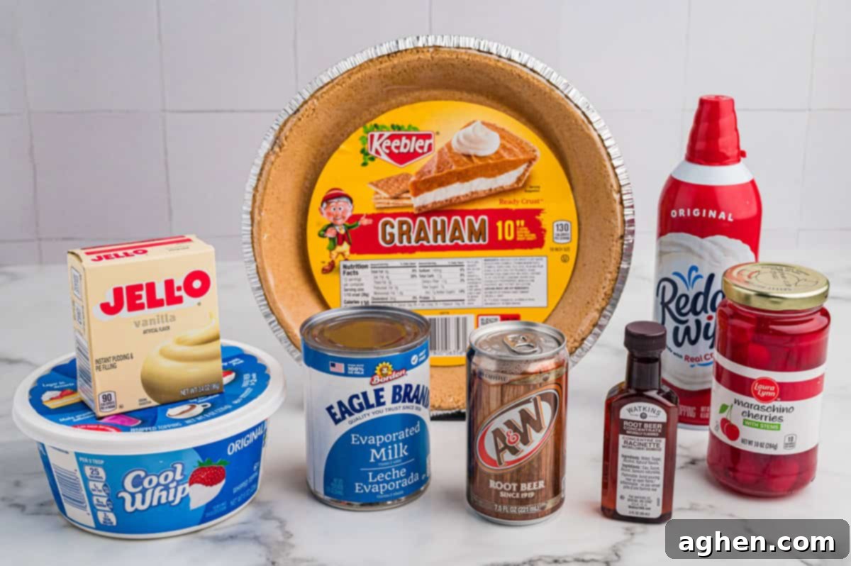 All the essential ingredients for making root beer float pie are neatly displayed: a graham cracker crust, instant vanilla pudding mix, Cool Whip, evaporated milk, root beer, root beer concentrate, along with garnishes like whipped cream and maraschino cherries.