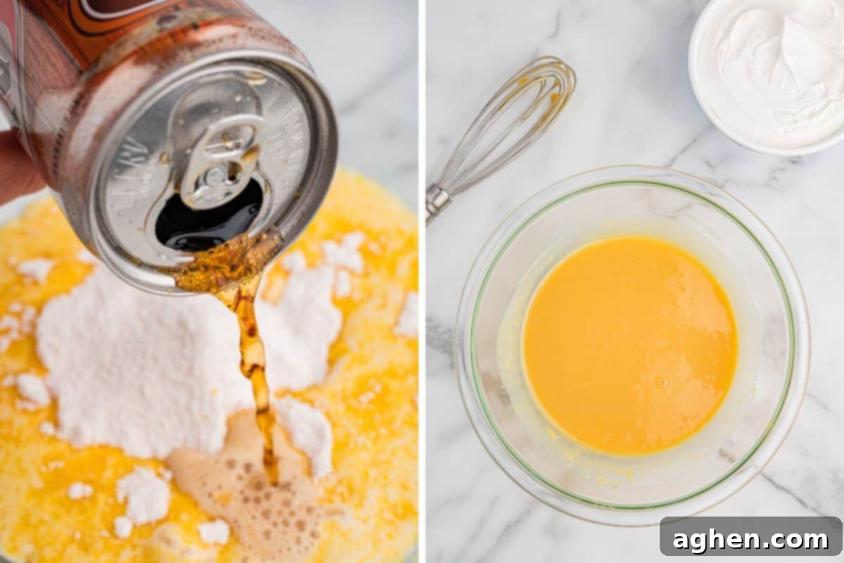 In the first image, root beer is being poured into a bowl containing dry ingredients and evaporated milk. The second image shows the now smooth, pale yellow batter next to a whisk and a container of whipped topping, indicating the next step.