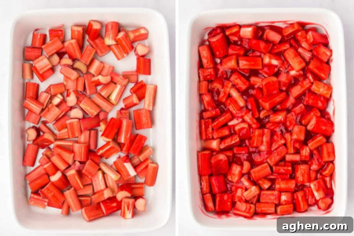 Easy Rhubarb Dump Cake 6 Two side-by-side images showing chopped rhubarb in a baking dish before and after mixing in sweet strawberry jelly, creating a vibrant base for the dump cake.