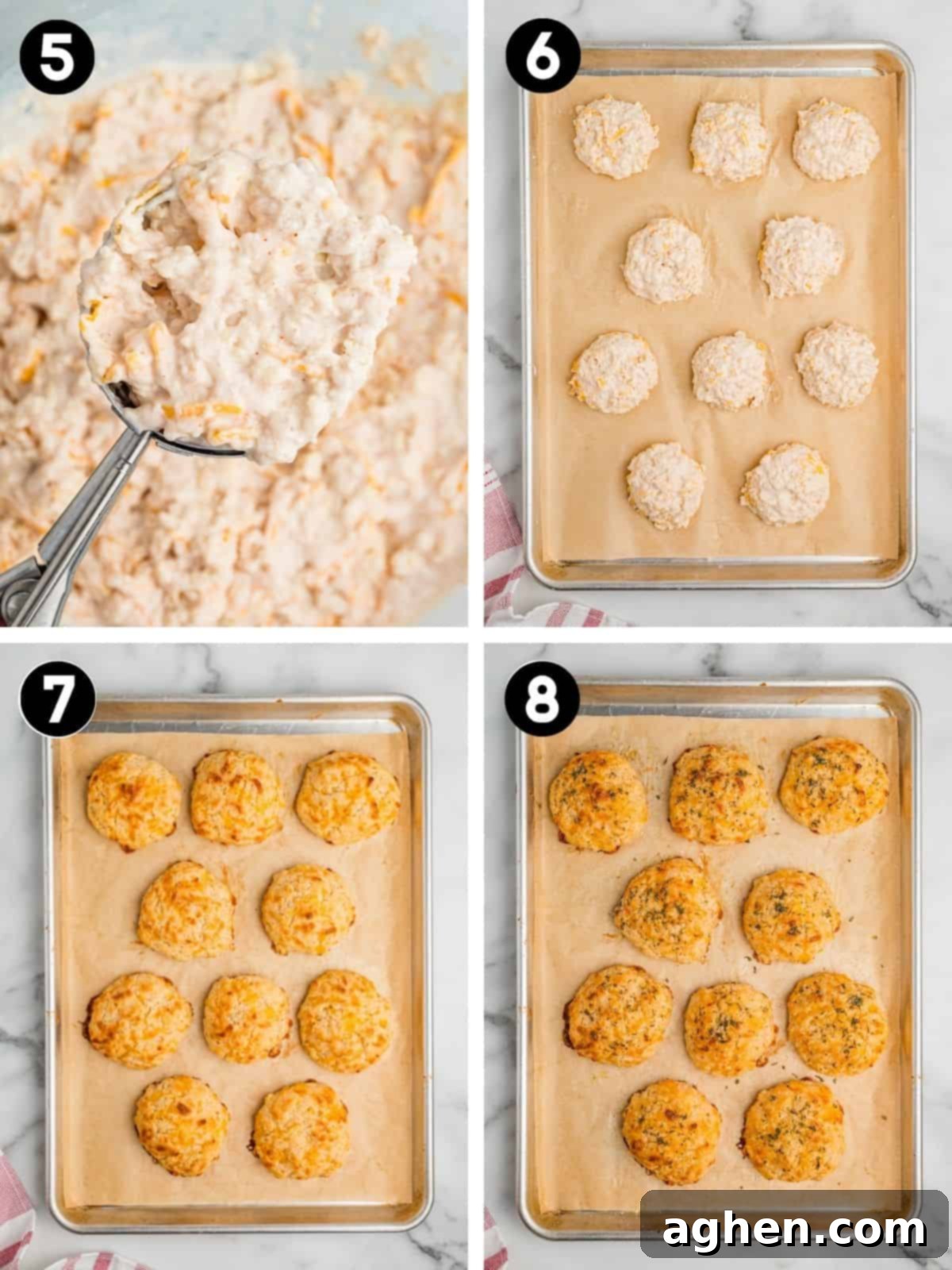 Fluffy Cheddar Biscuits 6 Collage image showing the final steps of making cheddar drop biscuits. Step 5 shows biscuit dough being scooped with a metal scoop. In step 6, the scoops of dough are placed in evenly spaced mounds on a parchment-lined baking sheet. Step 7 shows the biscuits freshly baked and golden brown. In step 8, the baked biscuits are brushed with melted butter and herbs.