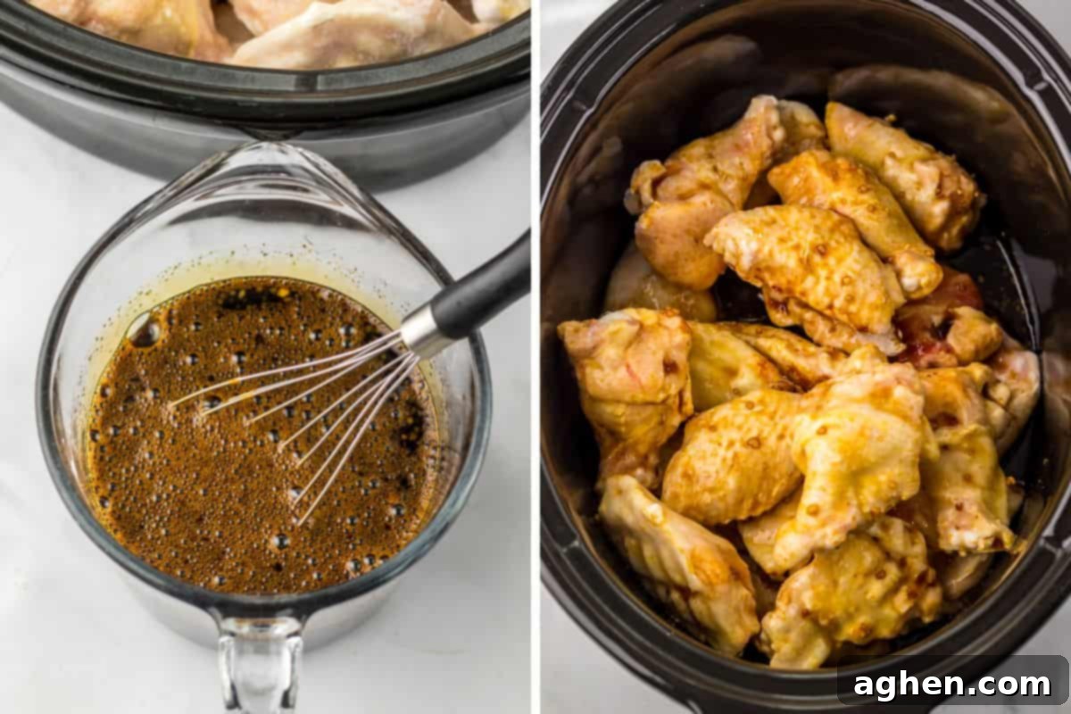 Split image showing a whisk in a glass measuring cup filled with dark sauce on the left, and raw chicken wings coated in sauce inside a crockpot on the right.