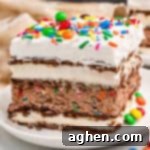 A delicious slice of homemade ice cream sandwich cake, topped with vibrant sprinkles and colorful M&Ms, presented on a plate.