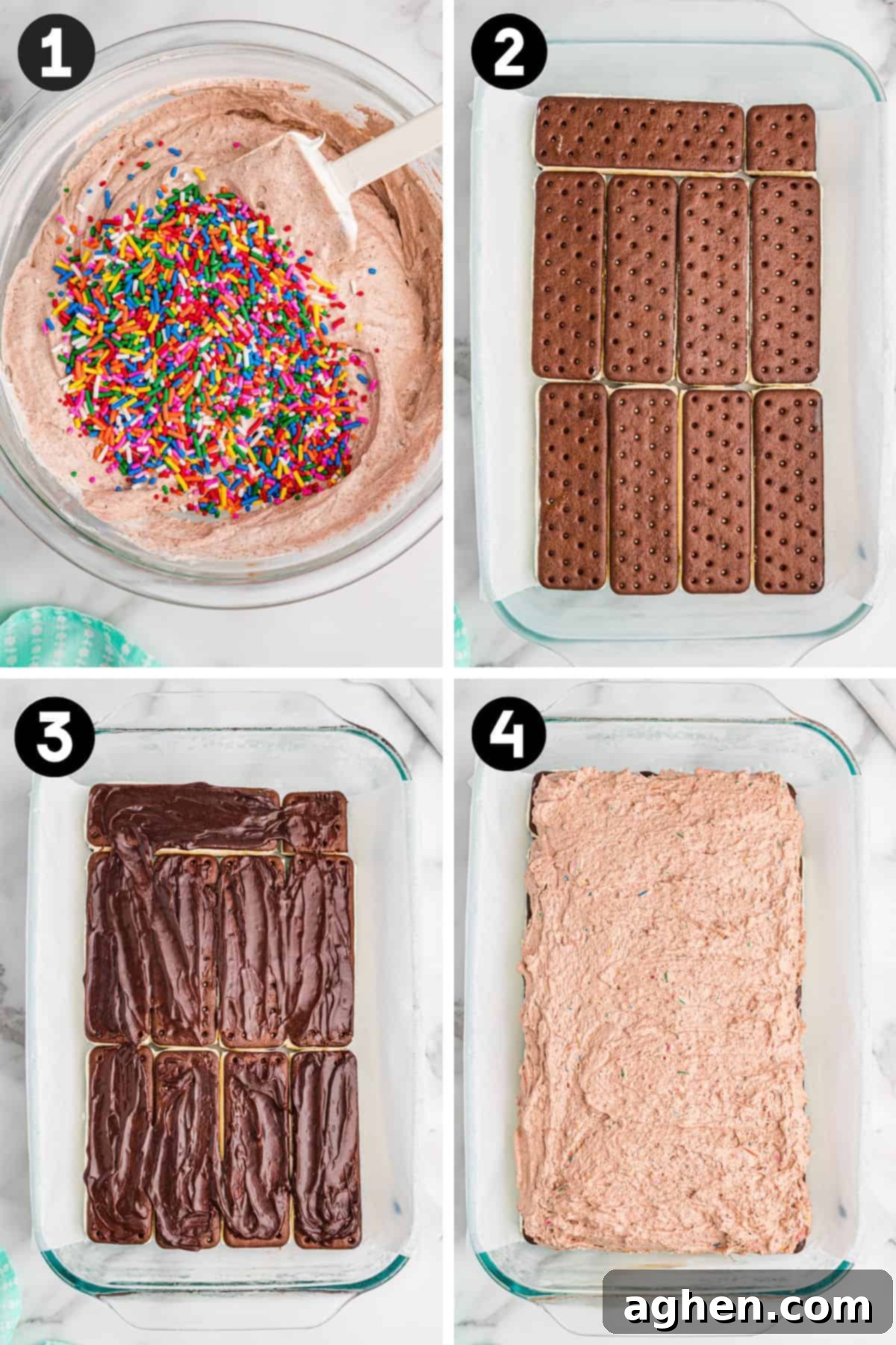 A four-image collage demonstrating the initial steps of making an ice cream sandwich cake: 1) a bowl of rich chocolate whipped filling with sprinkles, 2) ice cream sandwiches arranged in a 9x13 inch dish, 3) chocolate fudge spread over the sandwiches, and 4) the chocolate whipped topping being spread.