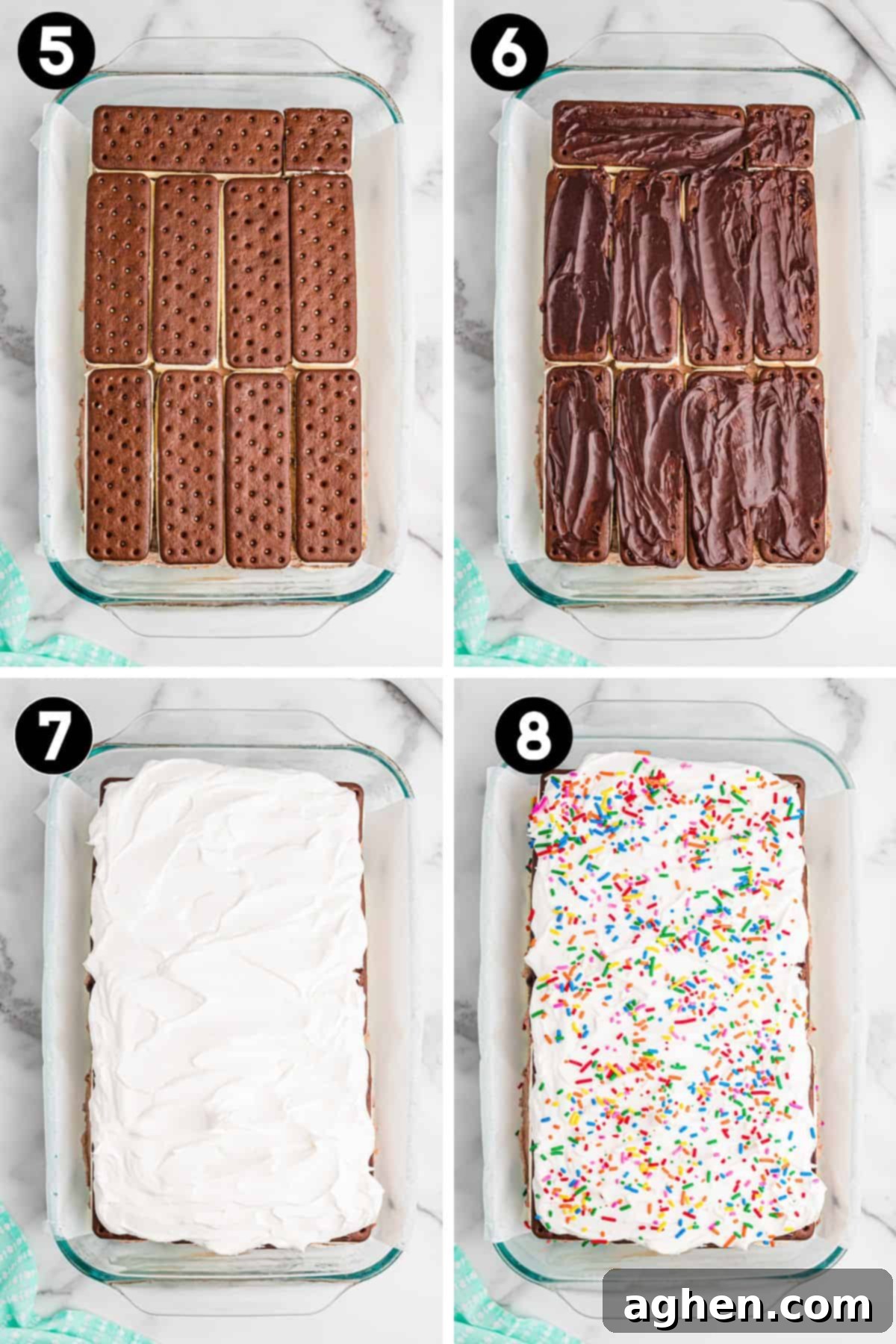 A four-image collage showing the final layers of an ice cream sandwich cake: 1) a second layer of ice cream sandwiches, 2) more hot fudge being spread, 3) a thick layer of cool whip on top, and 4) the finished cake generously sprinkled with rainbow sprinkles.