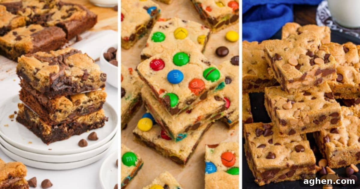 A delightful collage featuring various types of cookie bars, including classic brookies, vibrant M&Ms bars, and rich peanut butter chip bars, showcasing the diverse appeal of this dessert category.