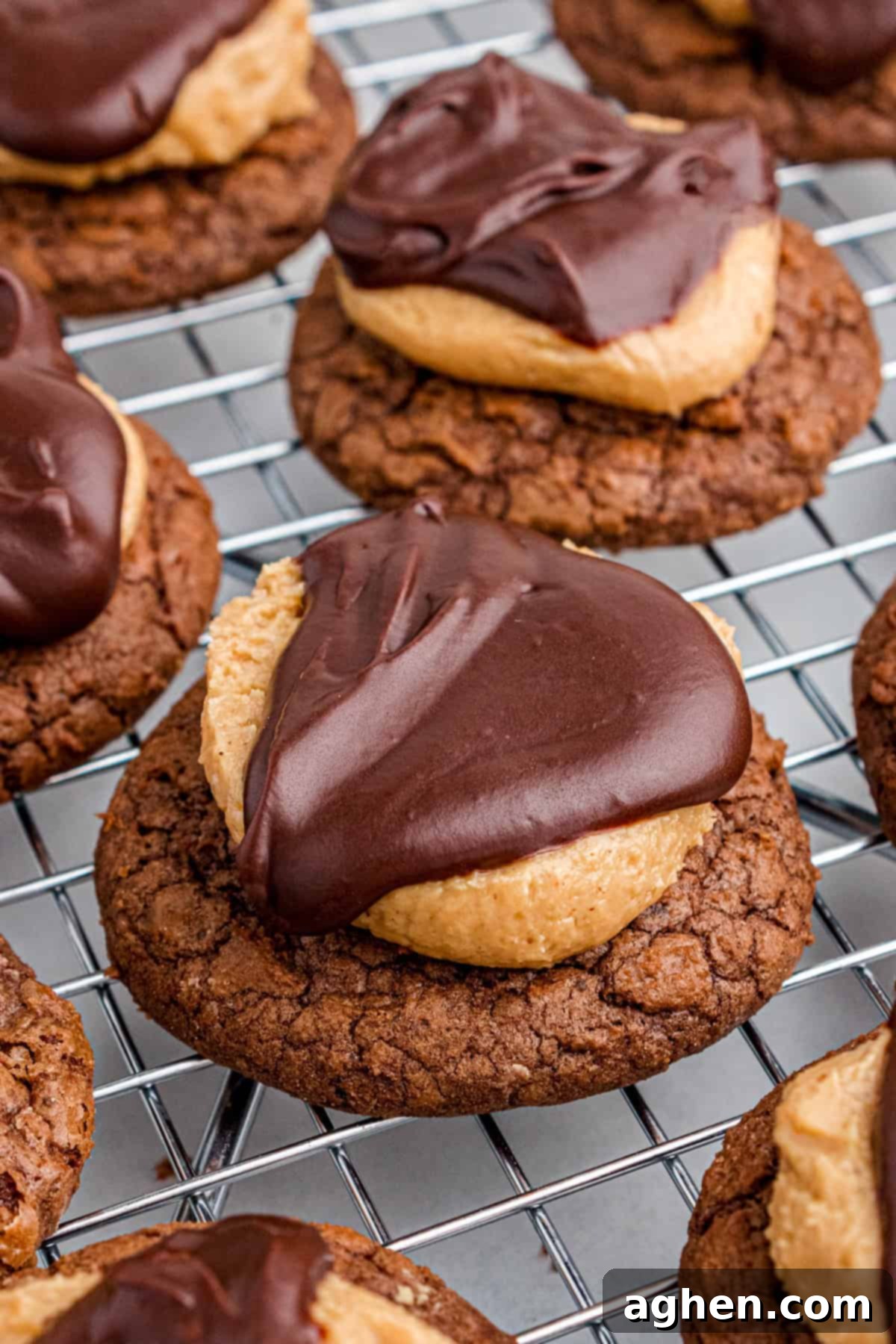 Close-up of buckeye cookies topped with a thick peanut butter layer and chocolate ganache on cooling rack,