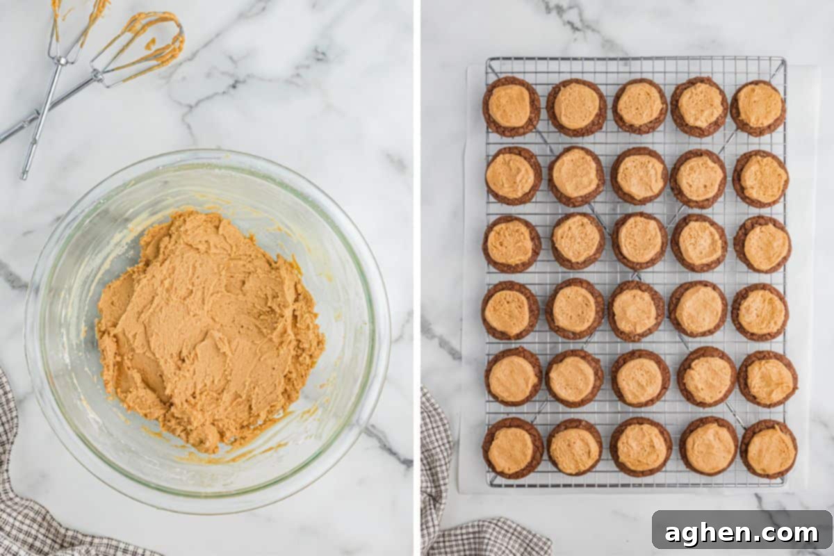 Side by side images of peanut butter filling in a glass bowl with mixer beaters and a cooling rack with chocolate cookies topped with peanut butter filling.