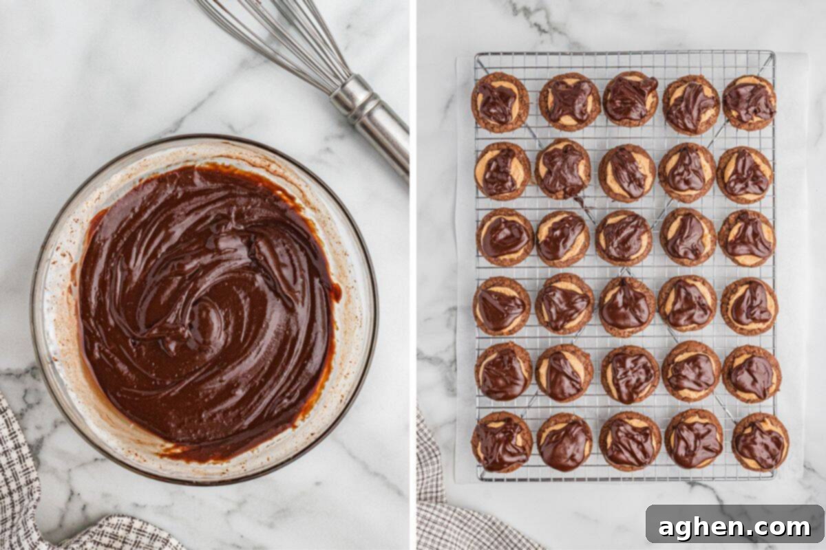 Side by side images of chocolate ganache in glass bowl next to whisk and a cooling rack with buckeye cookies.