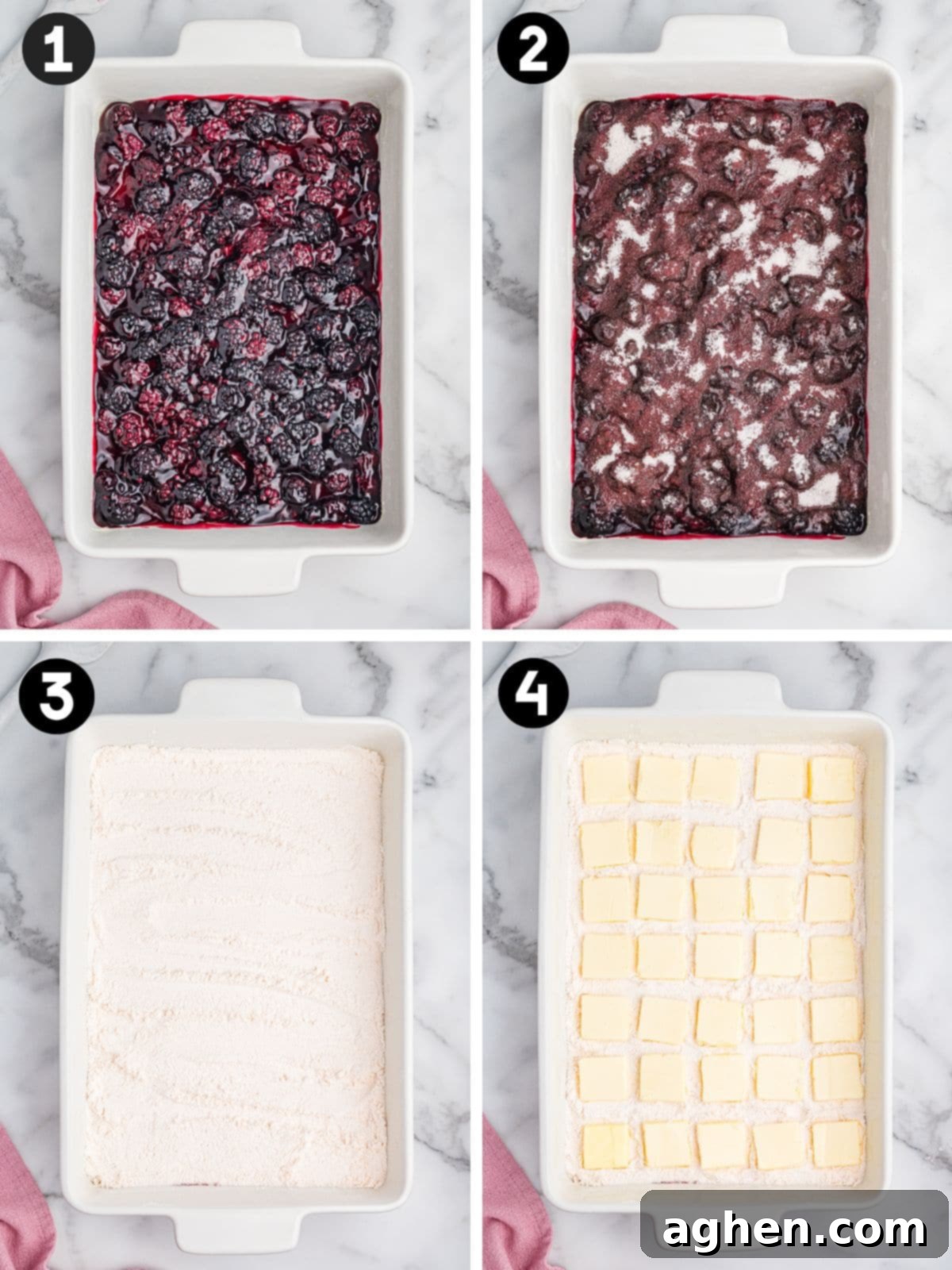Collage with four steps for making blackberry dump cake in a 9x13 inch baking dish: 1: Blackberry filling spread evenly. 2: Sugar sprinkled over the berries. 3: Dry cake mix layered on top. 4: Slices of butter arranged in a grid pattern over the cake mix.