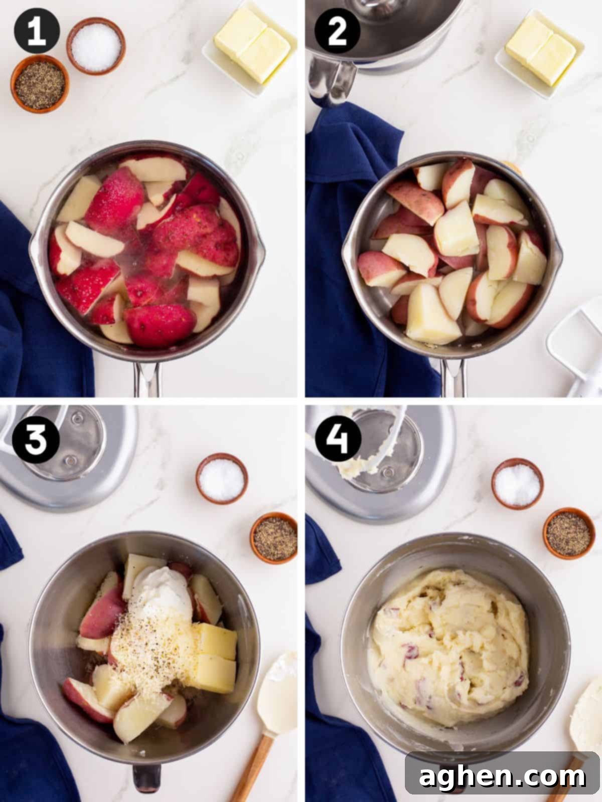 Four-image collage showing steps to make skin on mashed red potatoes: (1) raw red potatoes in boiling water, (2) drained cooked potatoes, (3) potatoes in mixing bowl with butter, sour cream, cheese, and seasoning, (4) finished mashed potatoes with visible red skins in mixing bowl.