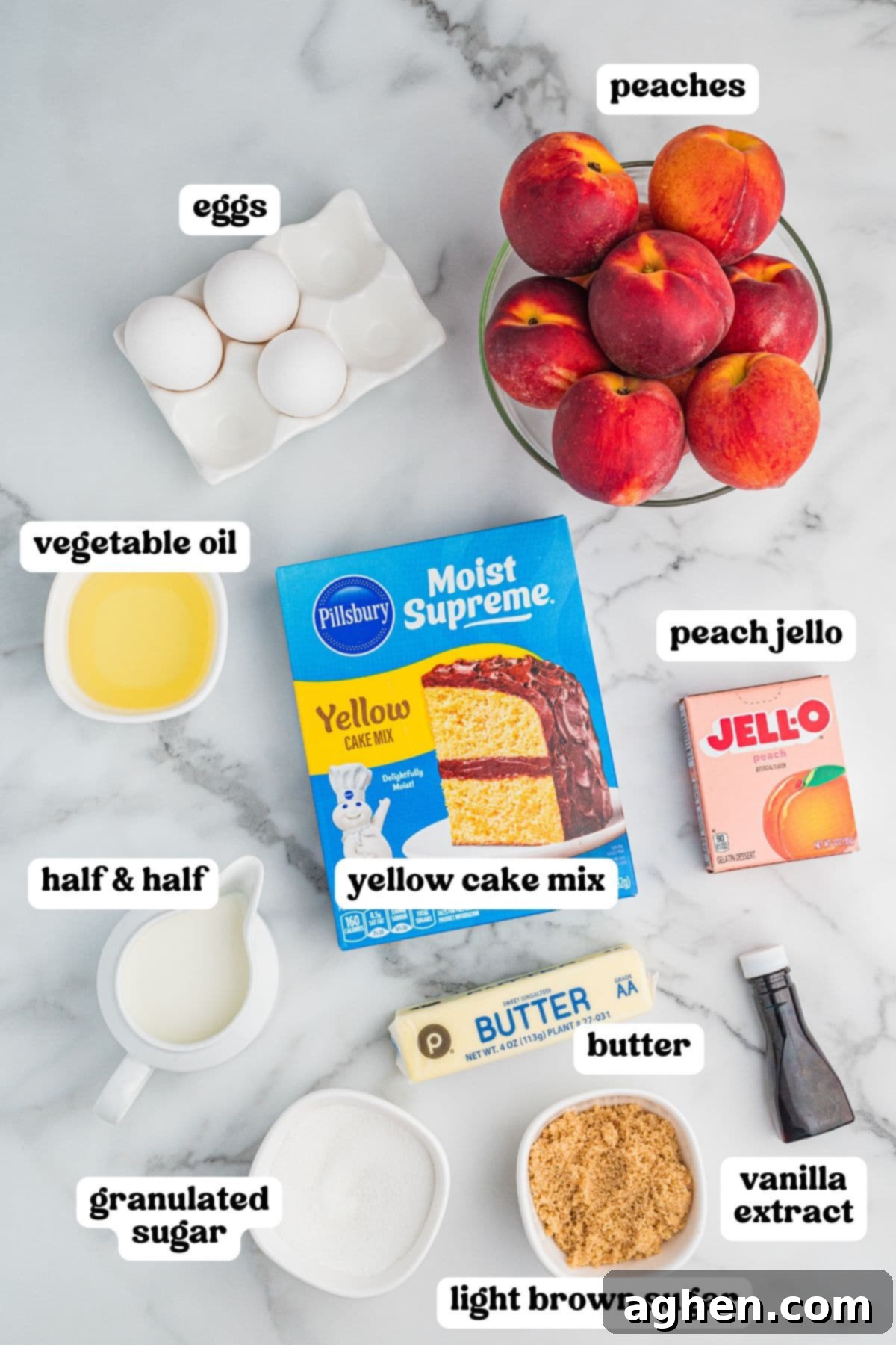 Foolproof Peach Upside Down Delight 3 Collage pin showing labeled ingredients on a marble background for a peach upside-down cake. Items include whole peaches, yellow cake mix, peach Jello, eggs, half & half, vegetable oil, butter, granulated sugar, light brown sugar, and vanilla extract.